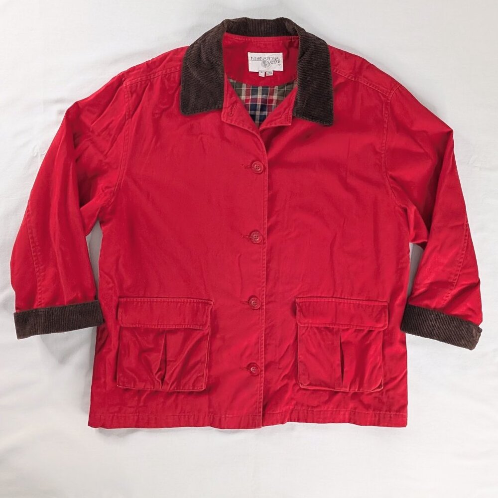 VTG Red Brown Corduroy Collar Cuff Sleeve Pocket Button Up Barn Coat Plaid Lined